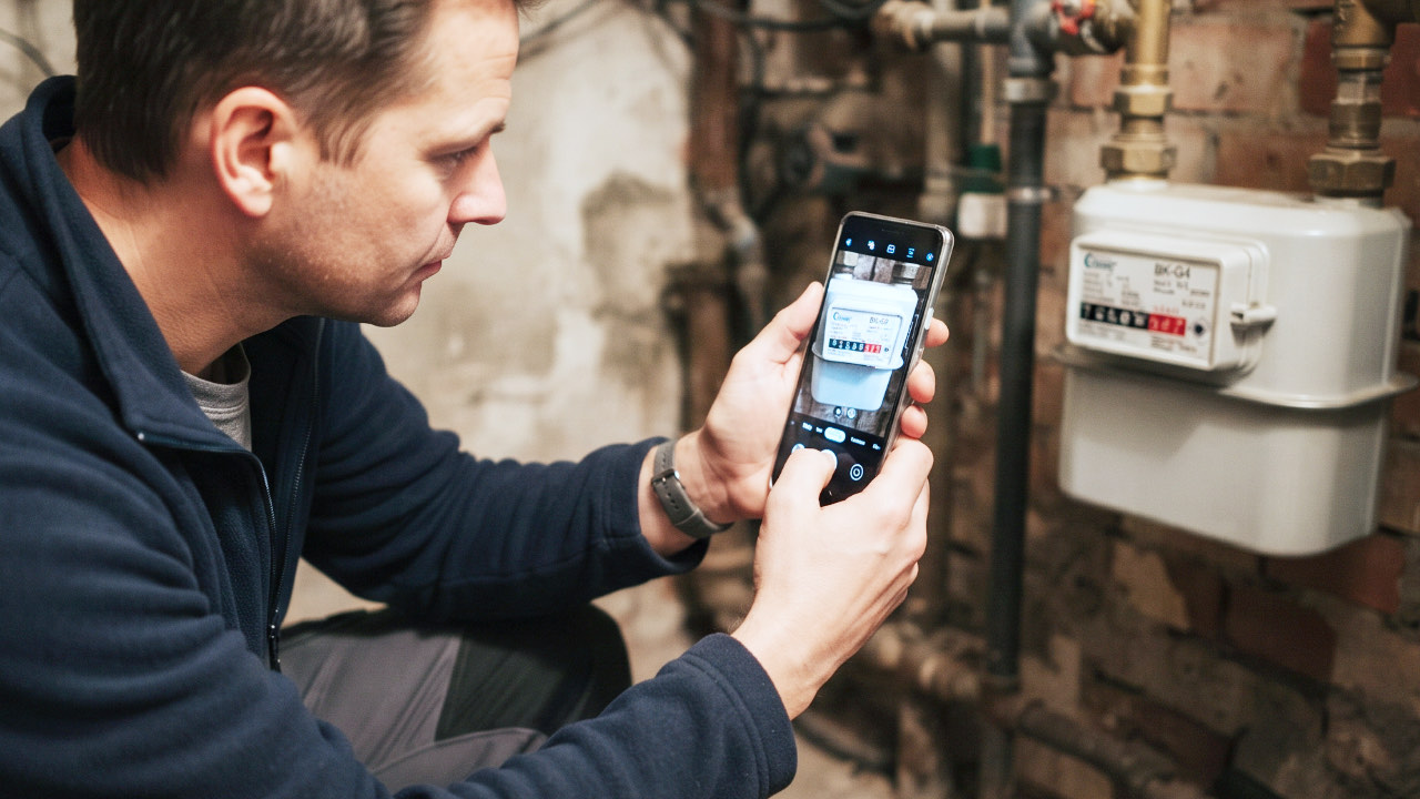 Monteur fotografiert mit dem Handy einen Gaszähler im Keller